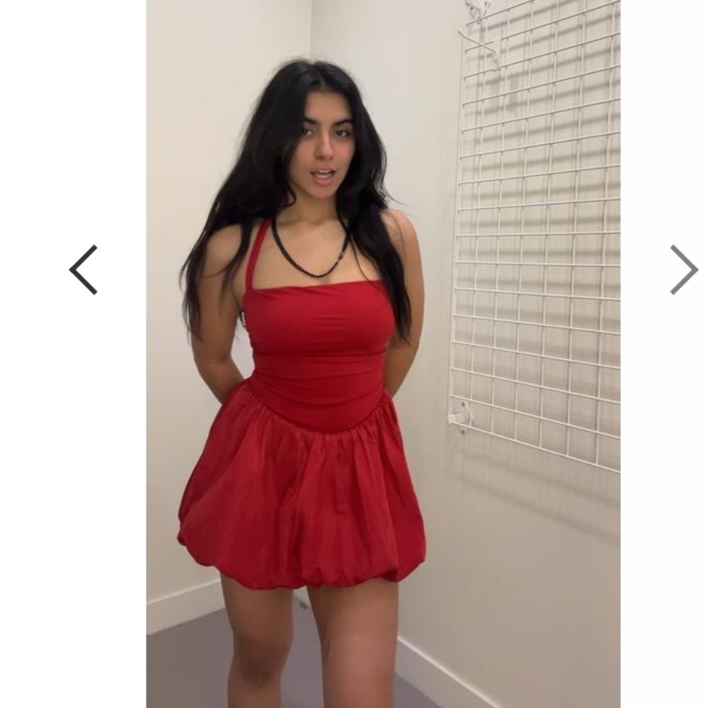 Red halter bubble dress from Garage
